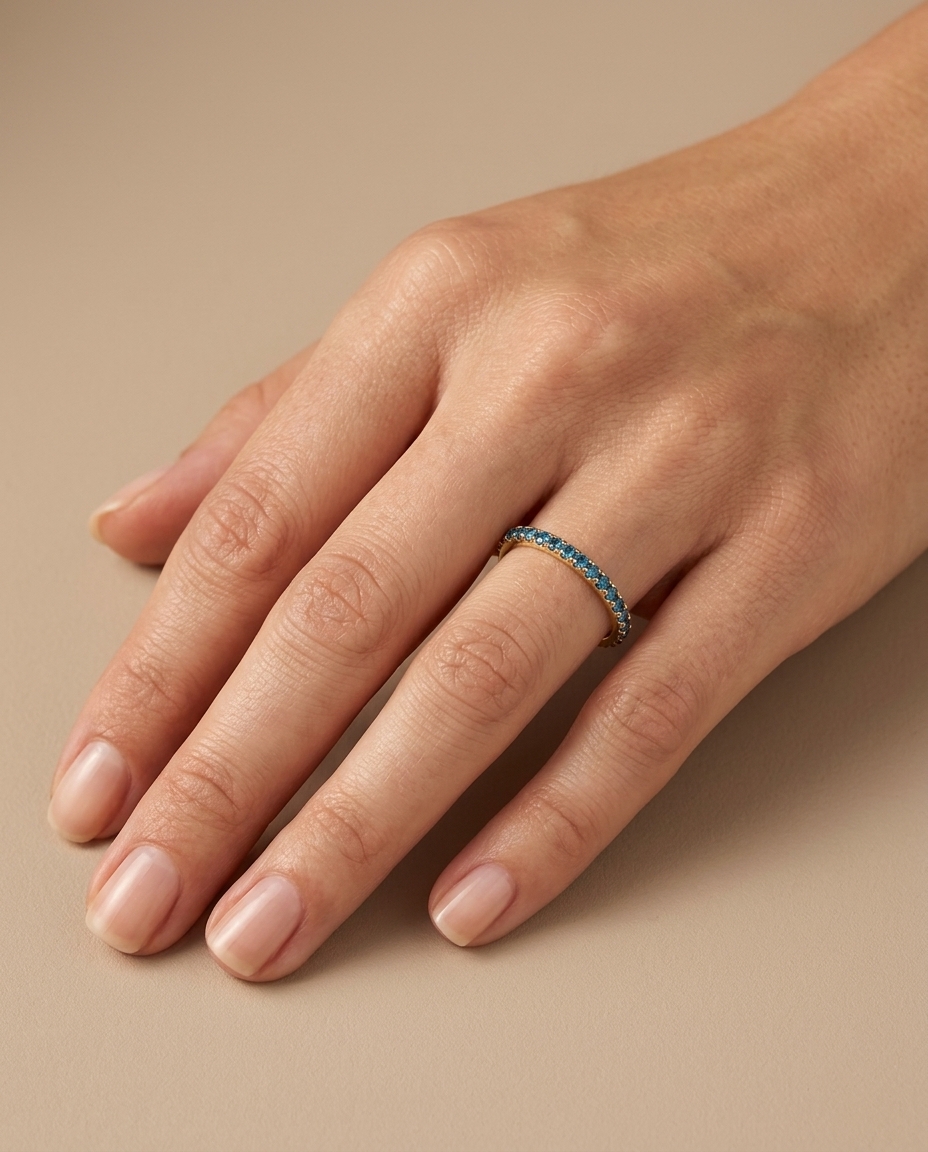 14KT Gold Full Eternity Blue Diamond Thin Ring Band on model