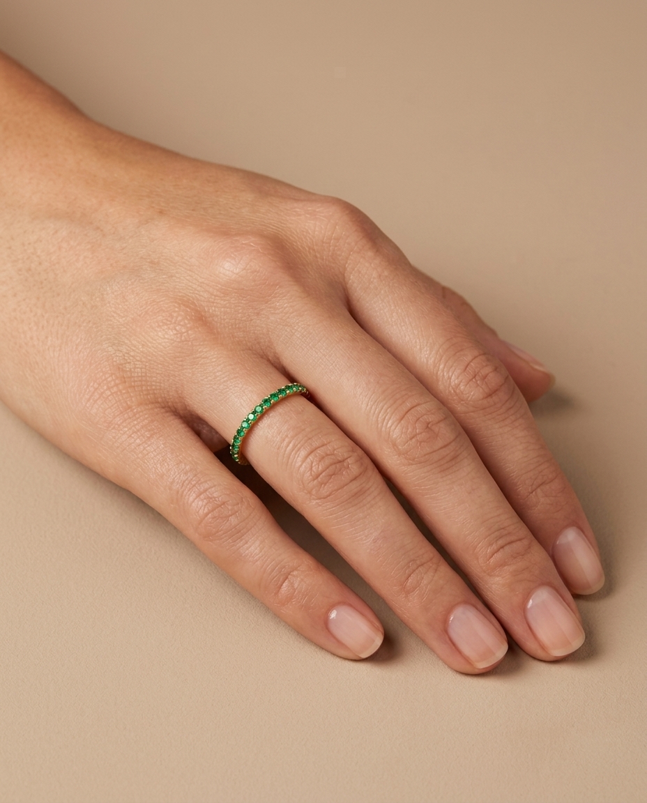 14KT Gold Full Eternity Emerald Thin Ring Band on model