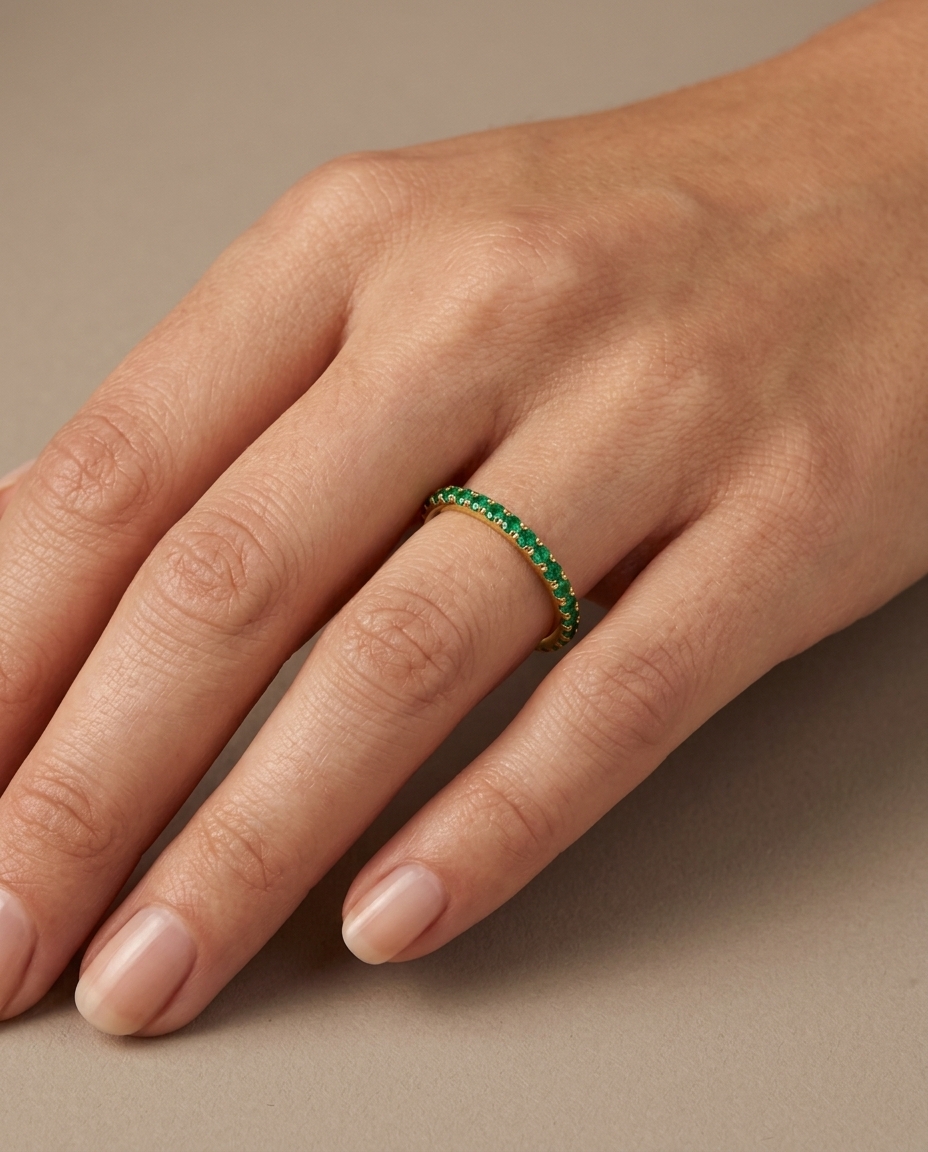 14KT Gold Full Eternity Emerald Thin Ring Band on model