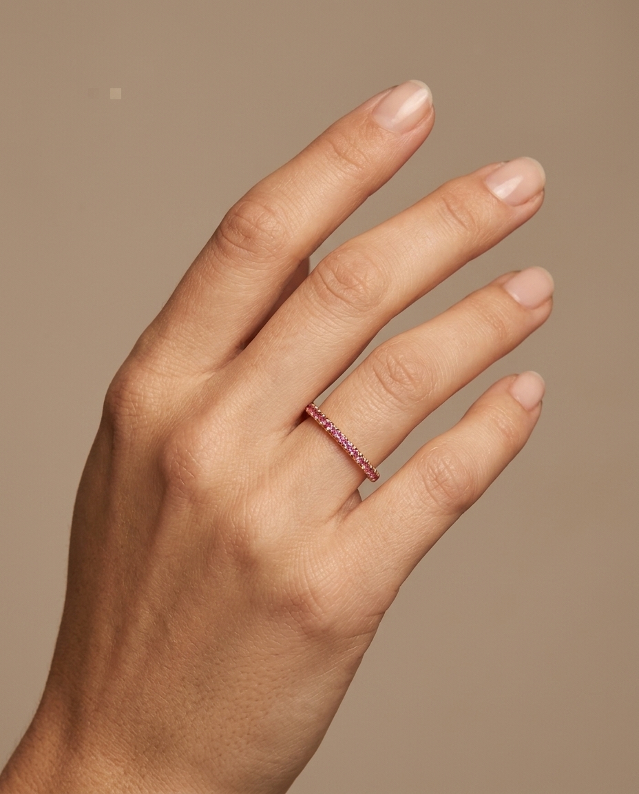 14KT Gold Full Eternity Pink Sapphire Thin Ring Band on model