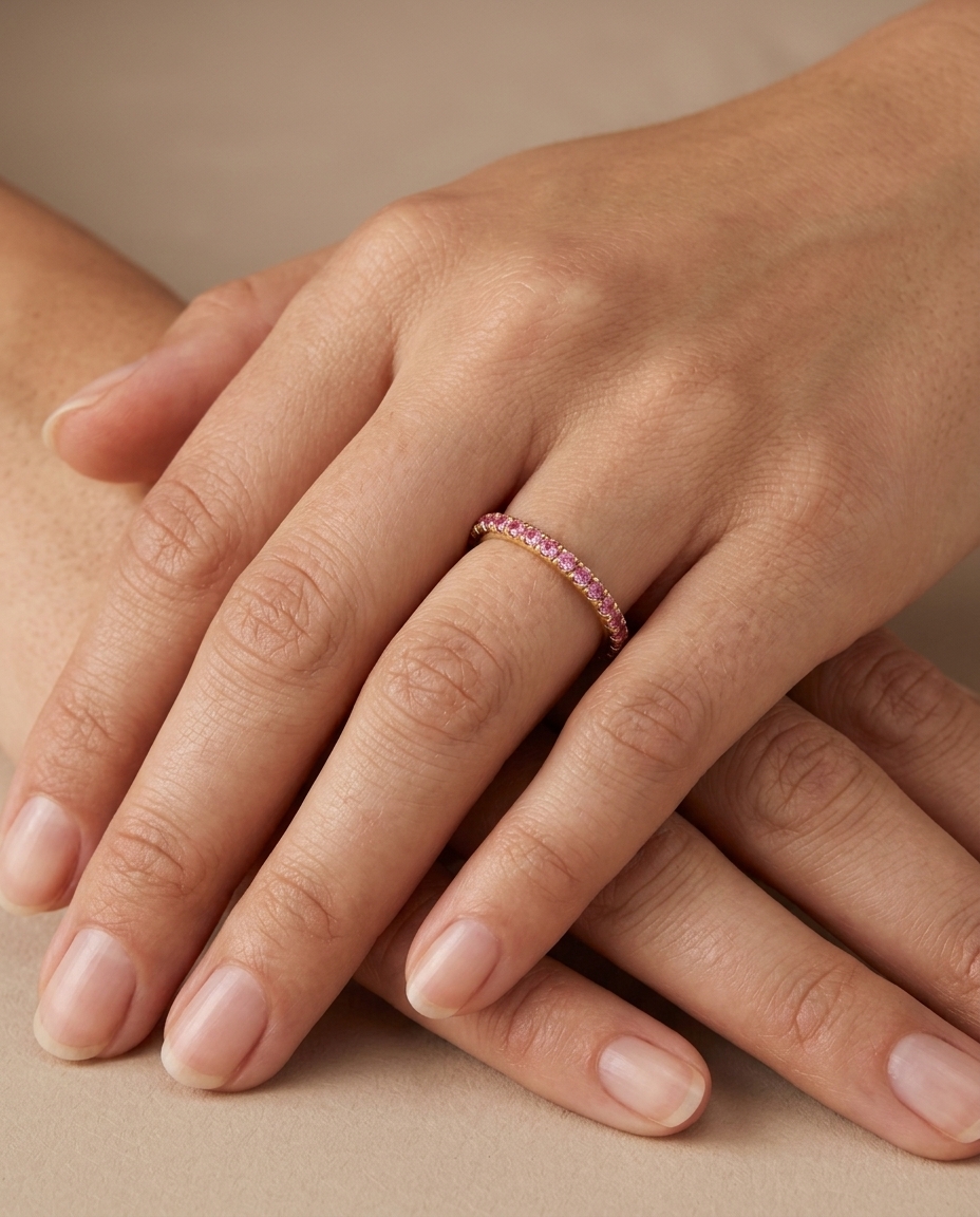 14KT Gold Full Eternity Pink Sapphire Thin Ring Band on model