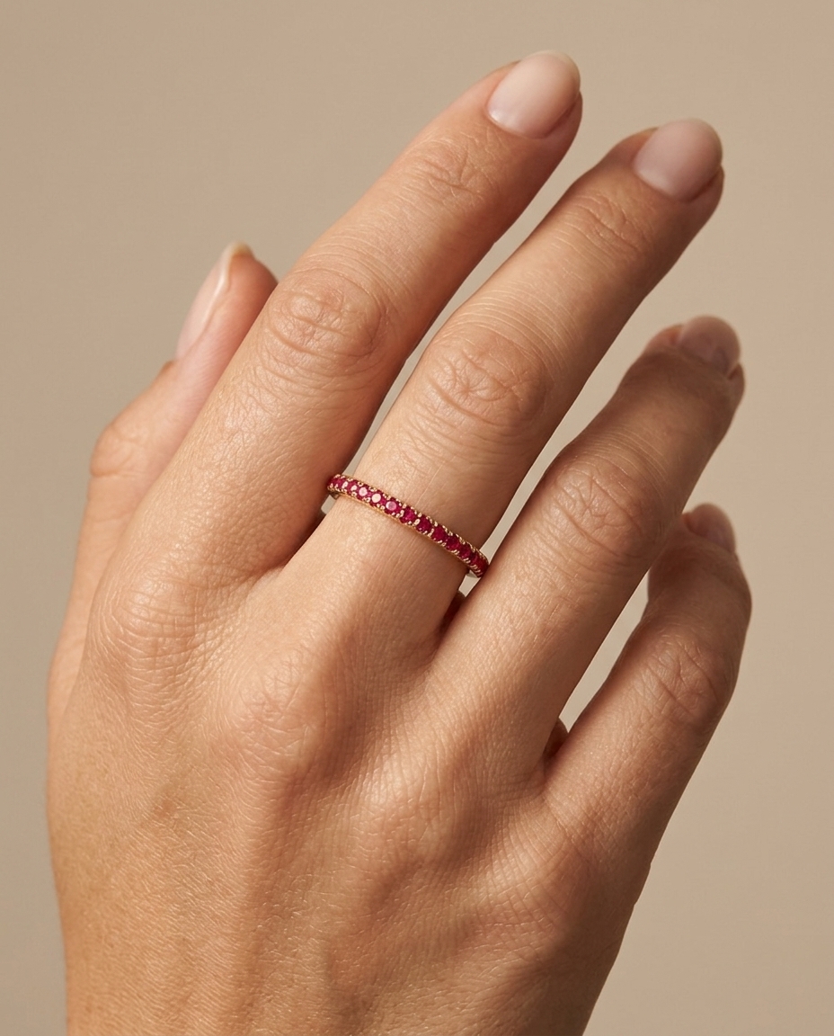 14KT Gold Full Eternity Ruby Thin Ring Band on model