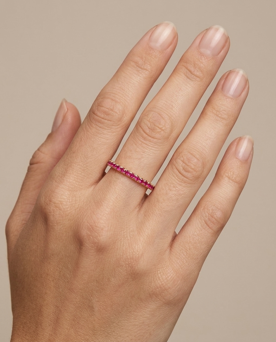 14KT Gold Full Eternity Ruby Thin Ring Band on model