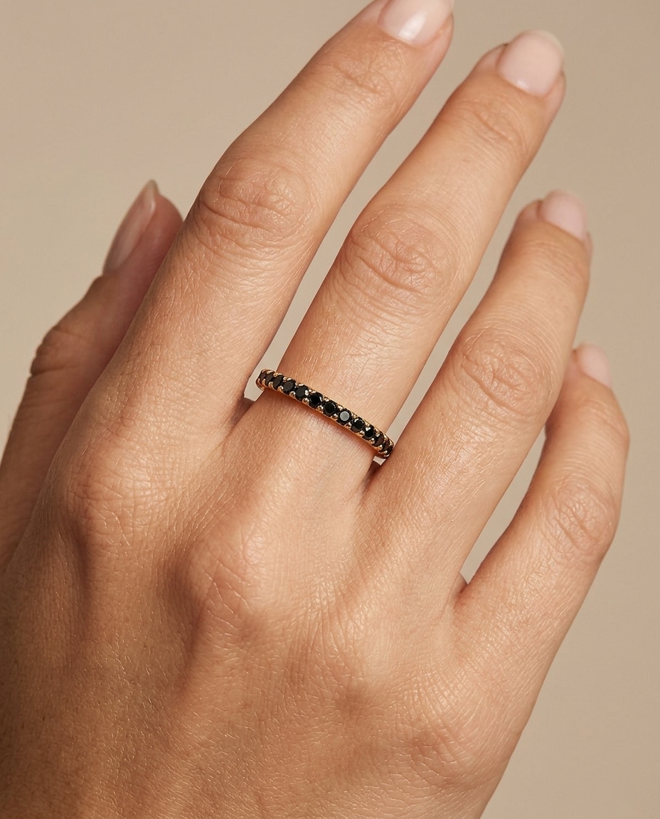 14KT Gold Full Eternity Black Diamond Thin Ring Band on model