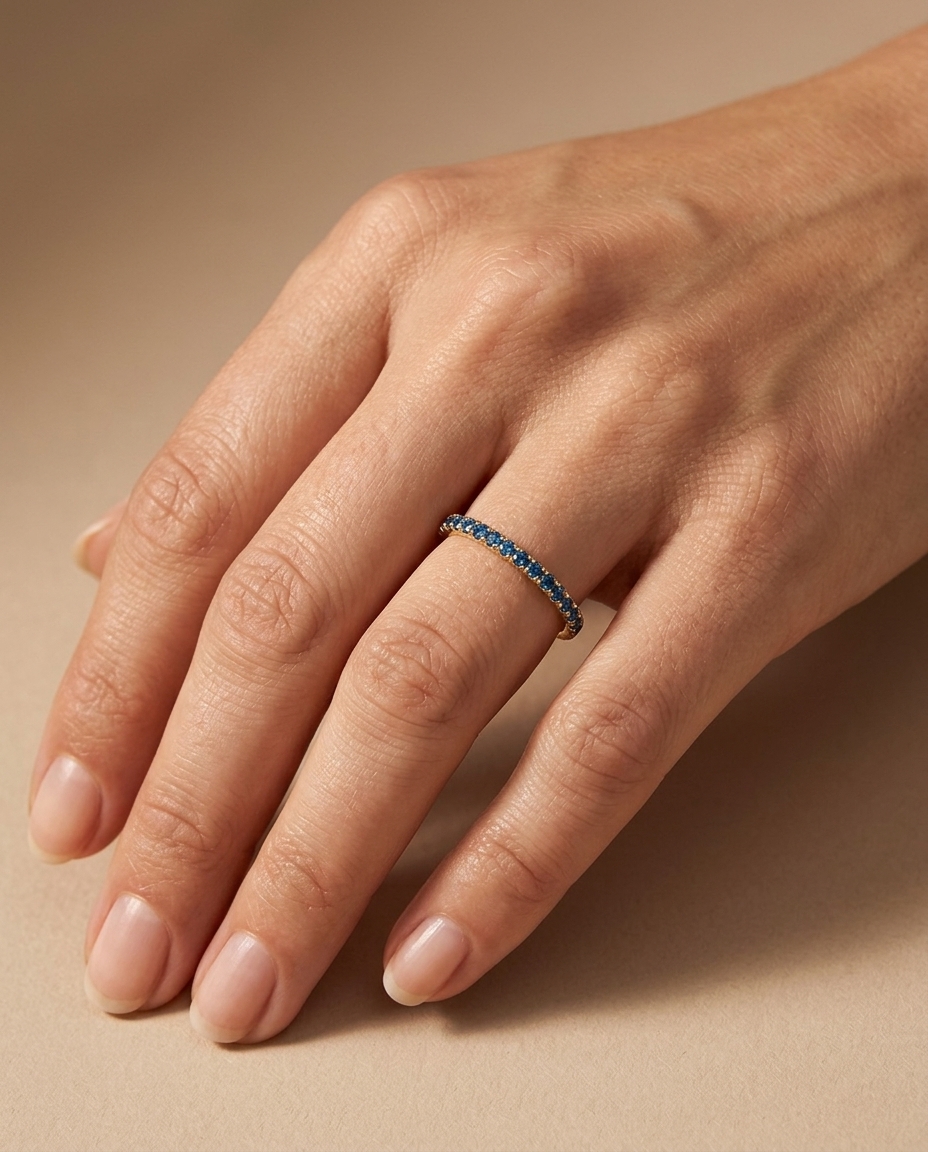14KT Gold Full Eternity Blue Diamond Thin Ring Band on model