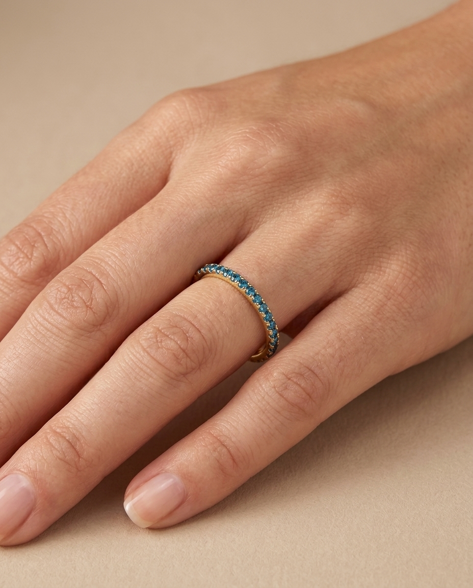 14KT Gold Full Eternity Blue Diamond Thin Ring Band on model