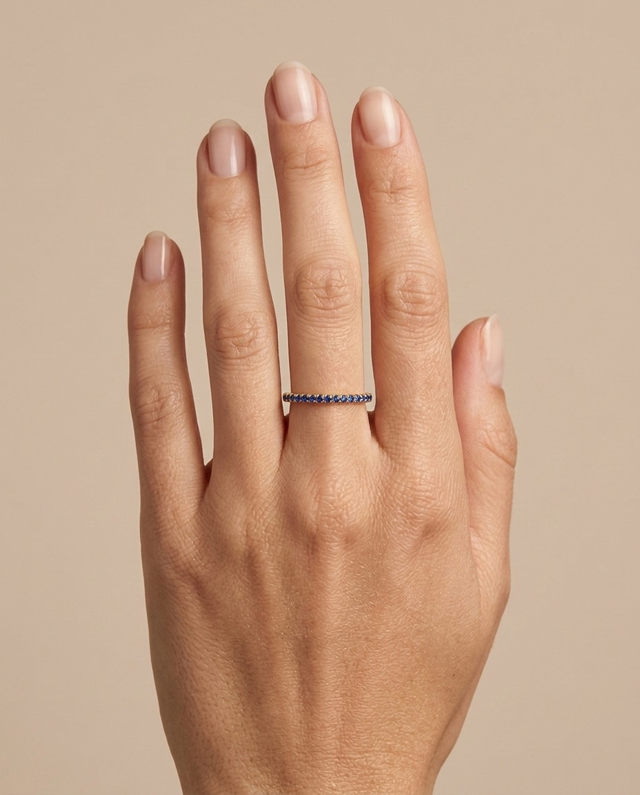 14KT Gold Full Eternity Blue Sapphire Thin Ring Band on model
