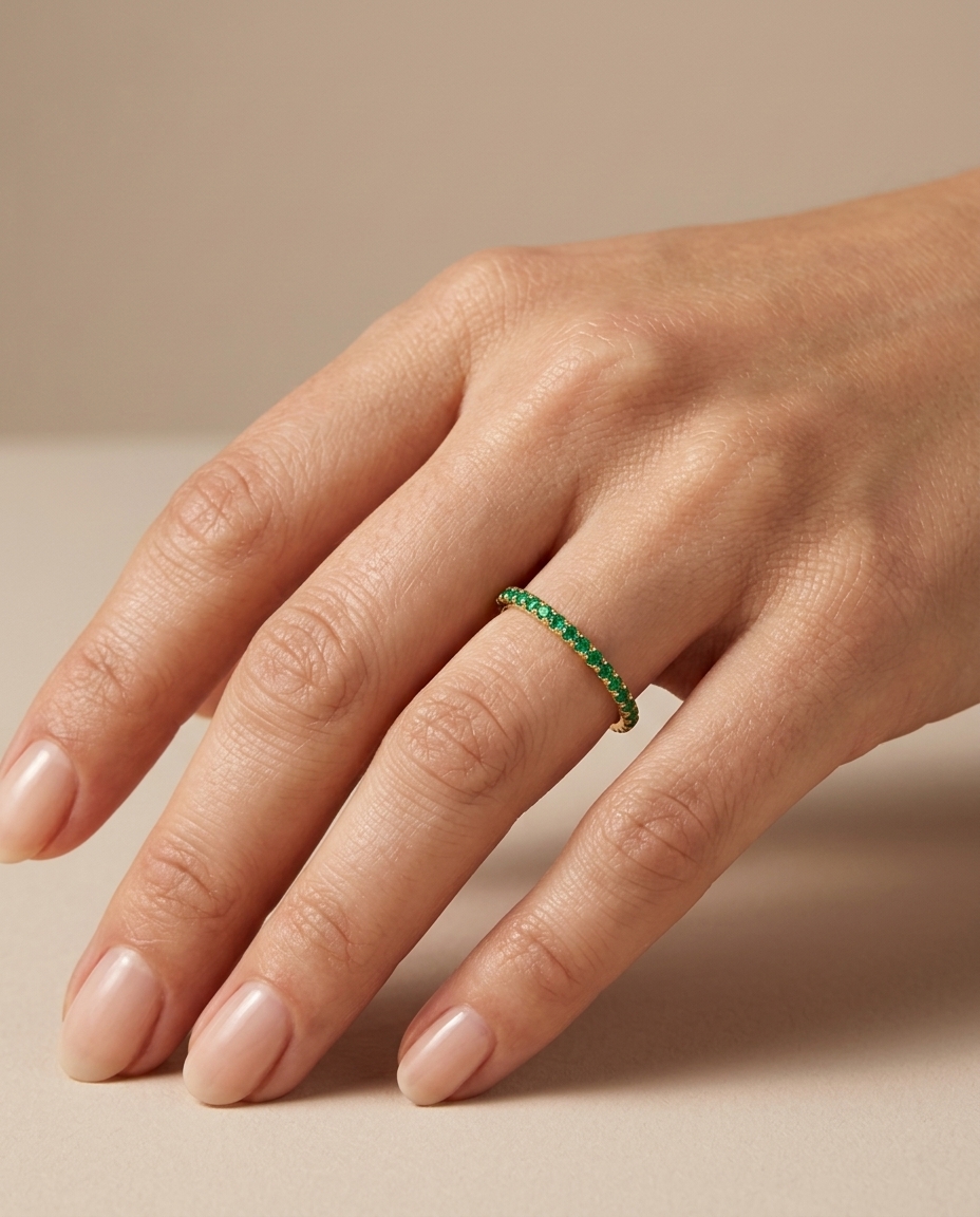 14KT Gold Full Eternity Emerald Thin Ring Band on model