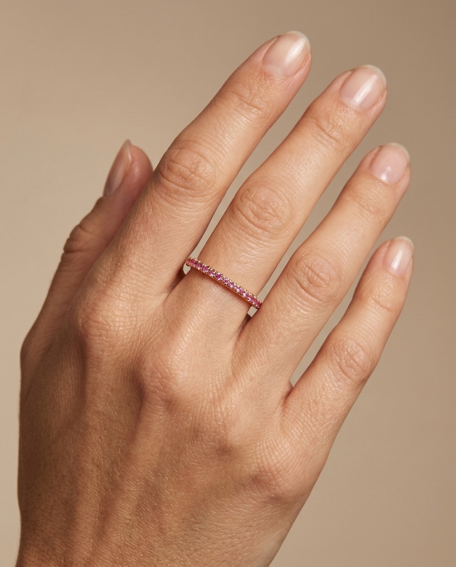14KT Gold Full Eternity Pink Sapphire Thin Ring Band on model