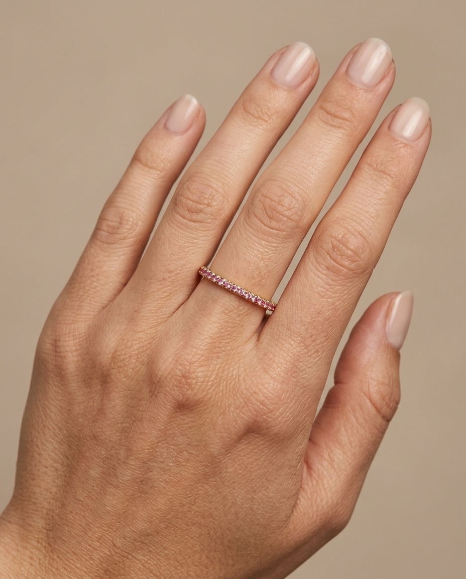 14KT Gold Full Eternity Pink Sapphire Thin Ring Band on model