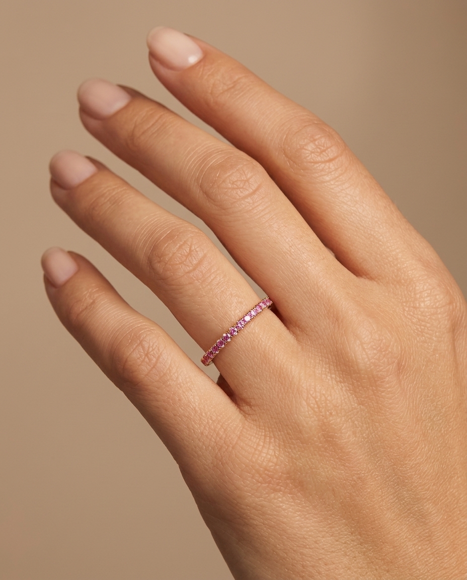 14KT Gold Full Eternity Pink Sapphire Thin Ring Band on model