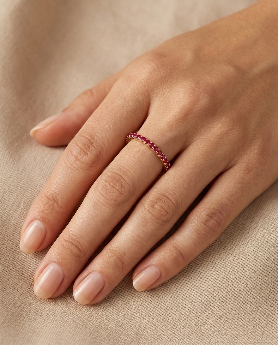 14KT Gold Full Eternity Ruby Thin Ring Band on model