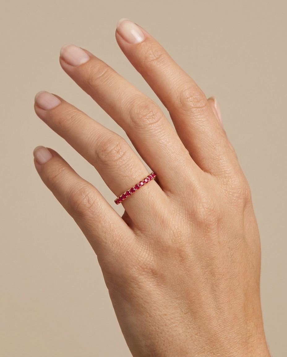 14KT Gold Full Eternity Ruby Thin Ring Band on model