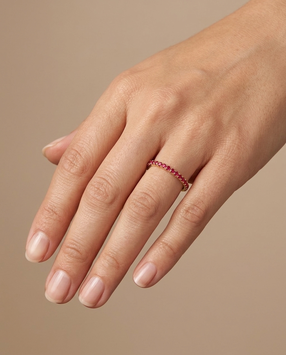 14KT Gold Full Eternity Ruby Thin Ring Band on model