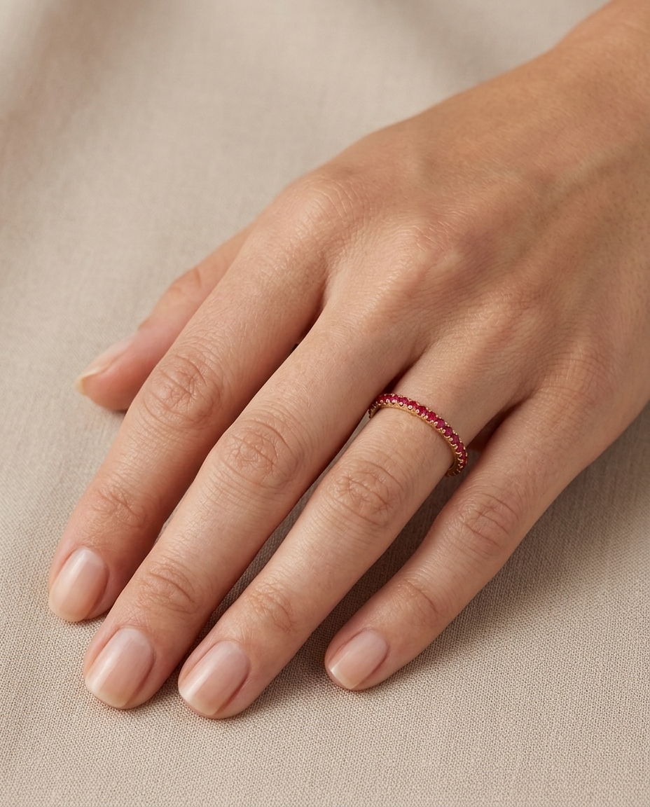 14KT Gold Full Eternity Ruby Thin Ring Band on model