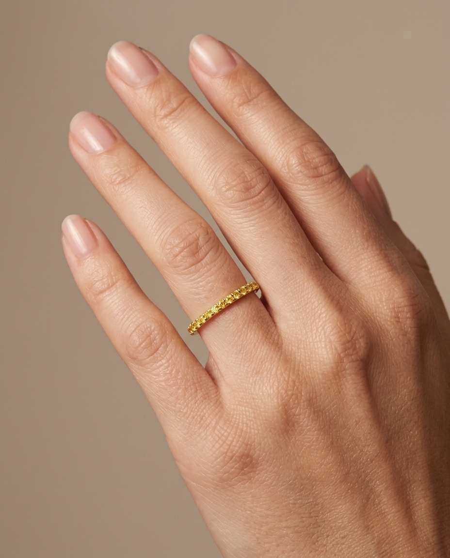 14KT Gold Full Eternity Yellow Diamond Thin Ring Band on model