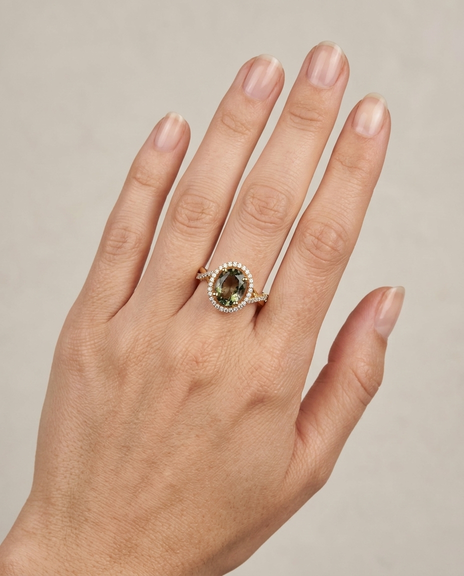 14KT Yellow Gold Tourmaline and Diamonds Ring on model