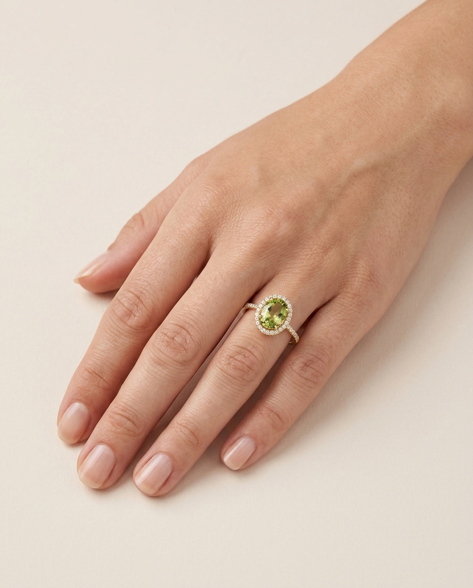 14KT Yellow Gold Tourmaline and Diamonds Ring on model