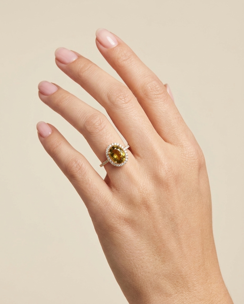 14KT Yellow Gold Tourmaline and Diamonds Ring on model