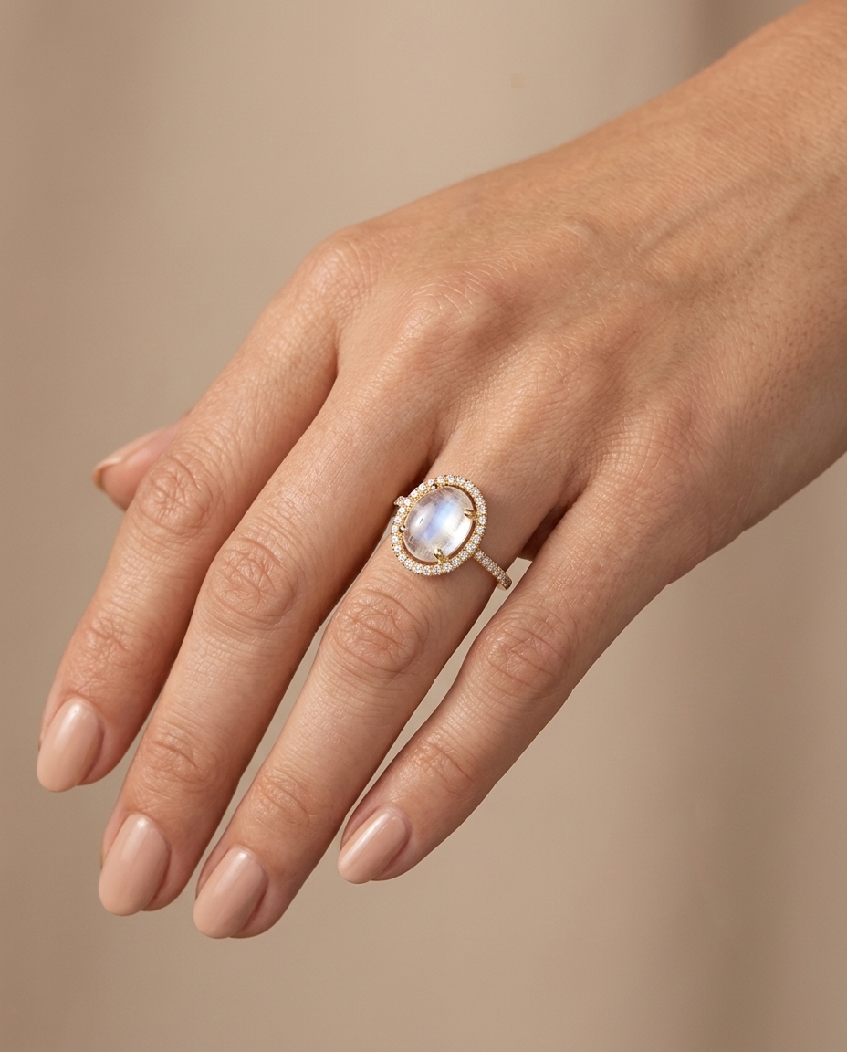 14KT Yellow Gold Rainbow Moon Stone Oval Ring with Diamonds on model