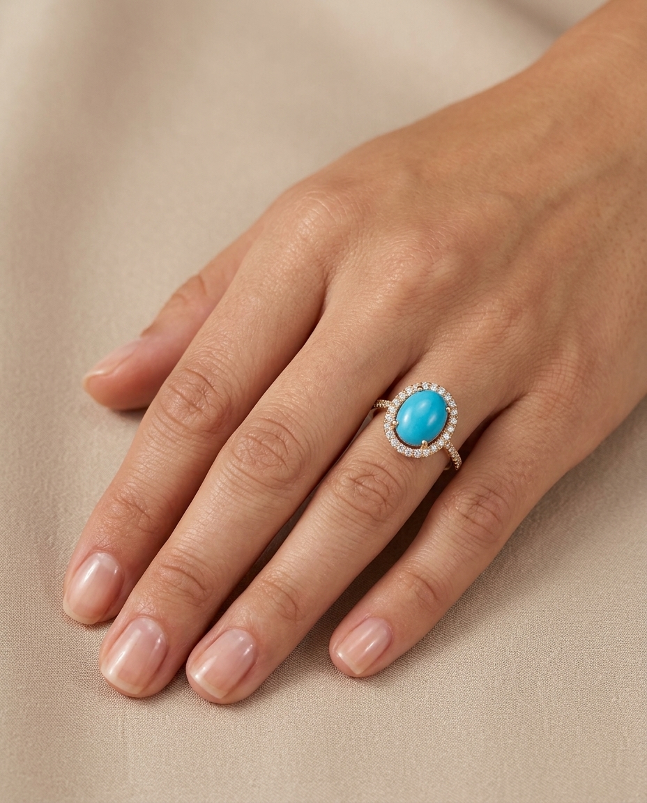 14KT Yellow Gold Turquoise and Diamonds Ring on model