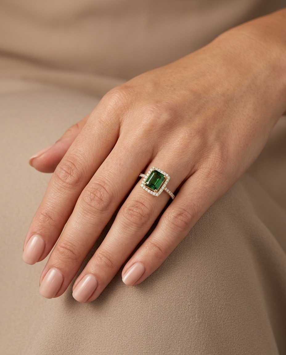 14KT Yellow Gold Tourmaline and Diamonds Ring on model