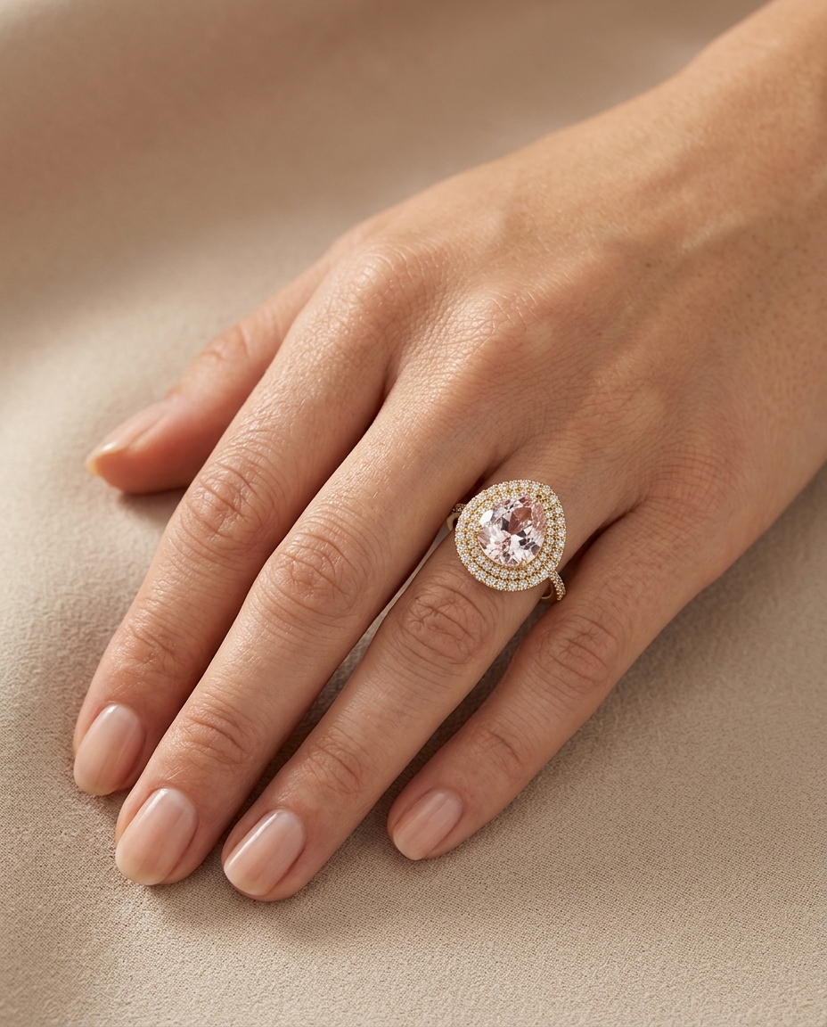 14KT Yellow Gold Kunzite and Diamonds Ring on model