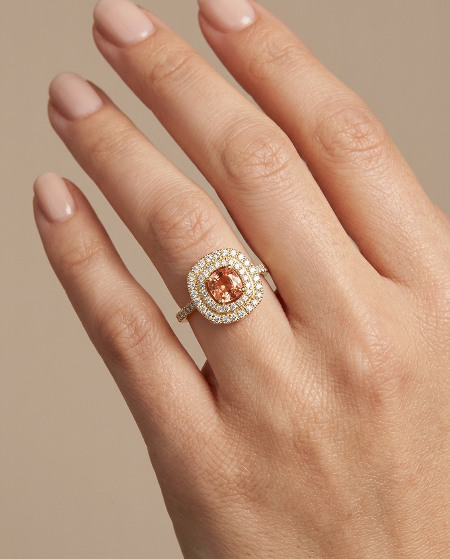 14KT Gold Diamond & Orange Sapphire Cushion Shape Ring on model
