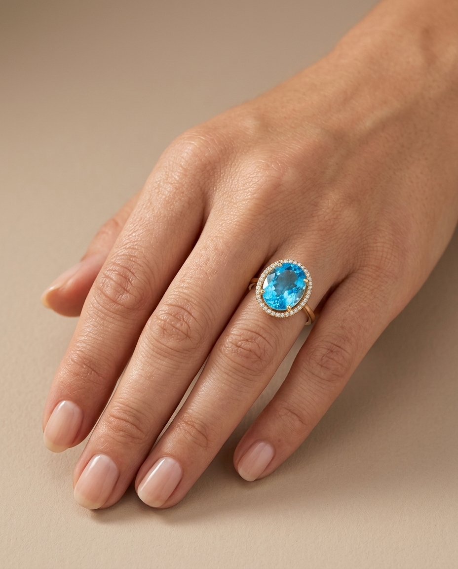 14KT Yellow Gold Blue Topaz and Diamonds Ring on model