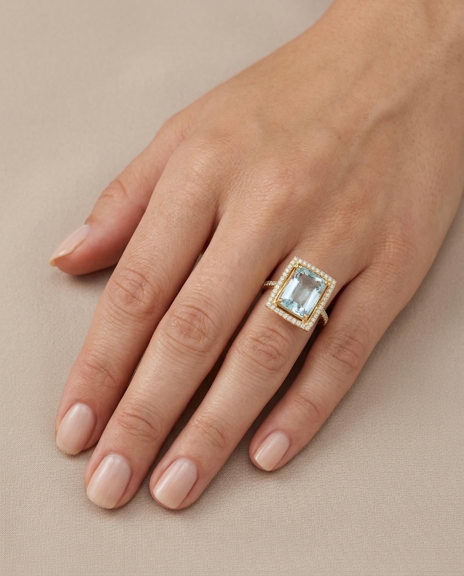 14KT Yellow Gold Aquamarine and Diamonds Ring on model