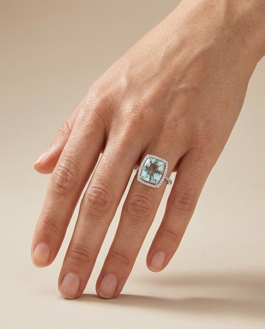 14KT White Gold Aquamarine and Diamonds Ring on model