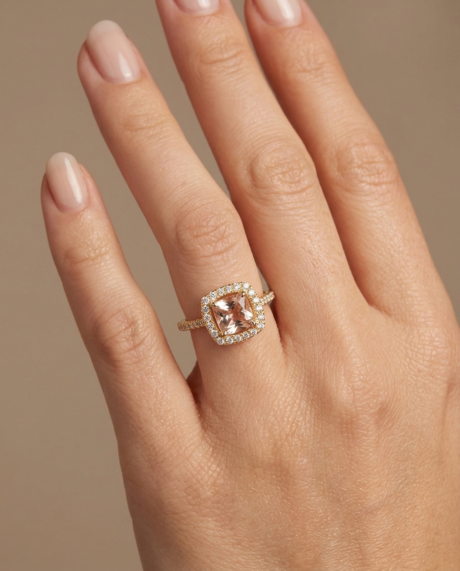 14KT Diamond Morganite Ring on model
