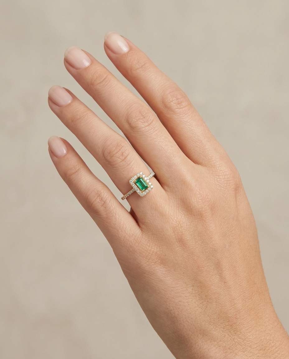 14KT Yellow Gold Emerald Ring with Diamonds on model