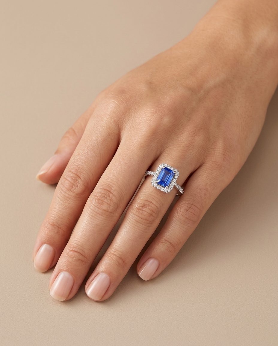 14KT White Gold Tanzanite Emerald Cut with Diamonds Ring on model