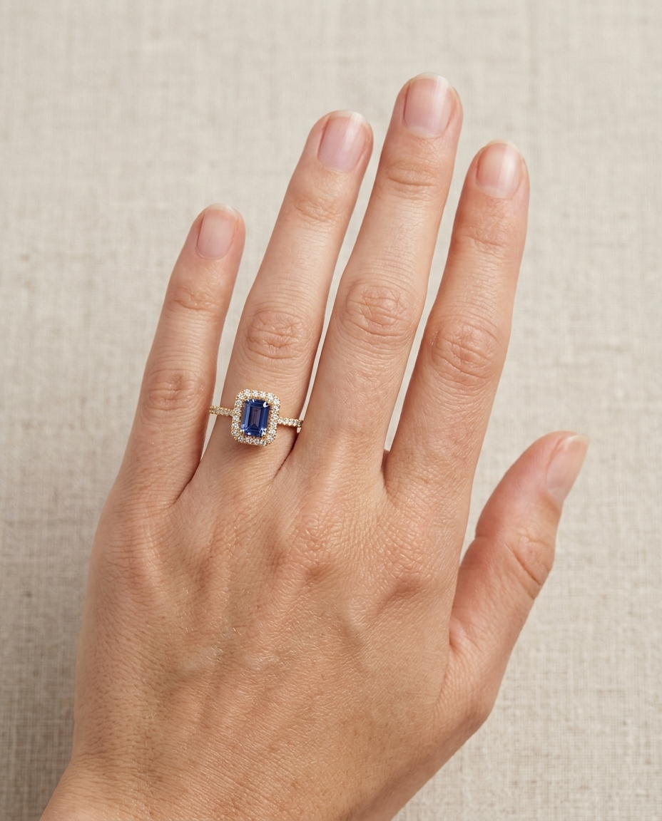 14KT Yellow Gold Tanzanite Emerald Cut with Diamonds Ring on model