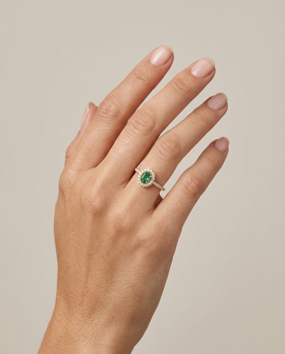 14KT Yellow Gold Emerald and Diamonds Ring on model