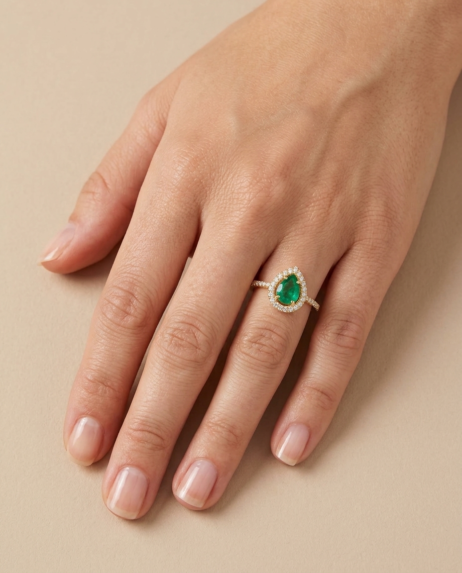 14KT Yellow Gold Emerald and Diamonds Ring on model