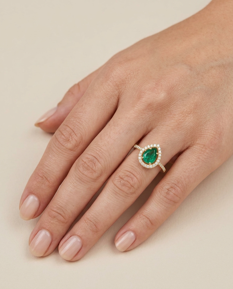 14KT Yellow Gold Emerald and Diamonds Ring on model