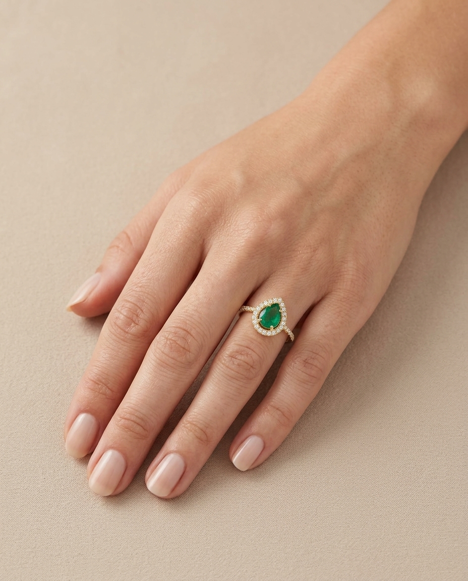 14KT Yellow Gold Emerald and Diamonds Ring on model