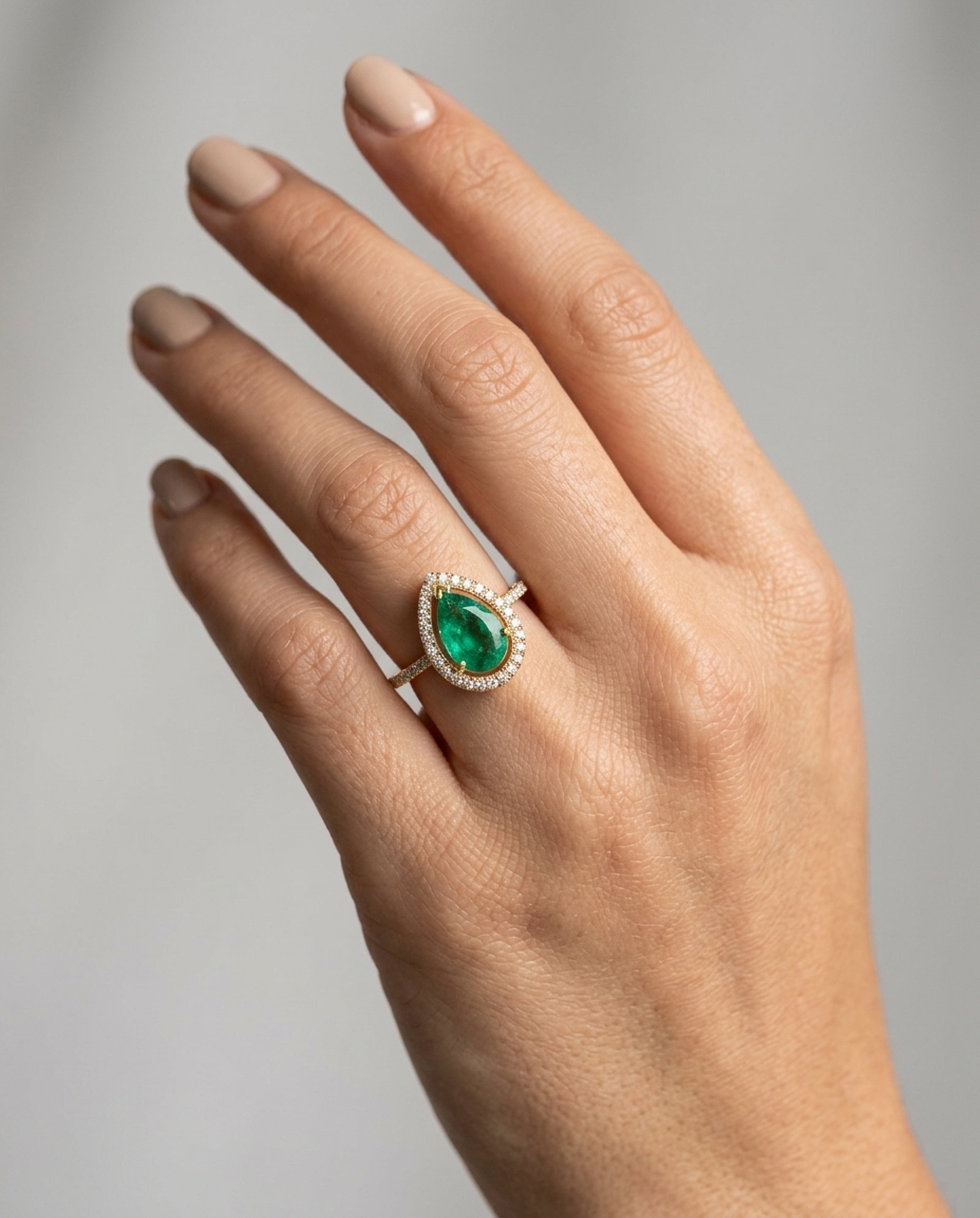14KT Yellow Gold Emerald and Diamonds Ring on model