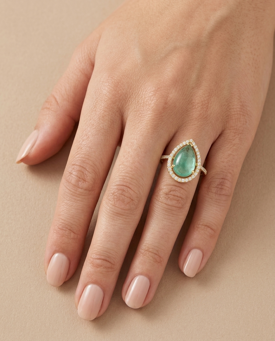 14KT Yellow Gold Emerald and Diamonds Ring on model