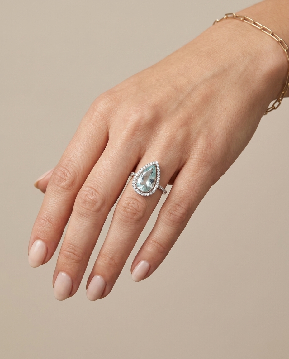 14KT White Gold Aquamarine and Diamonds Ring on model