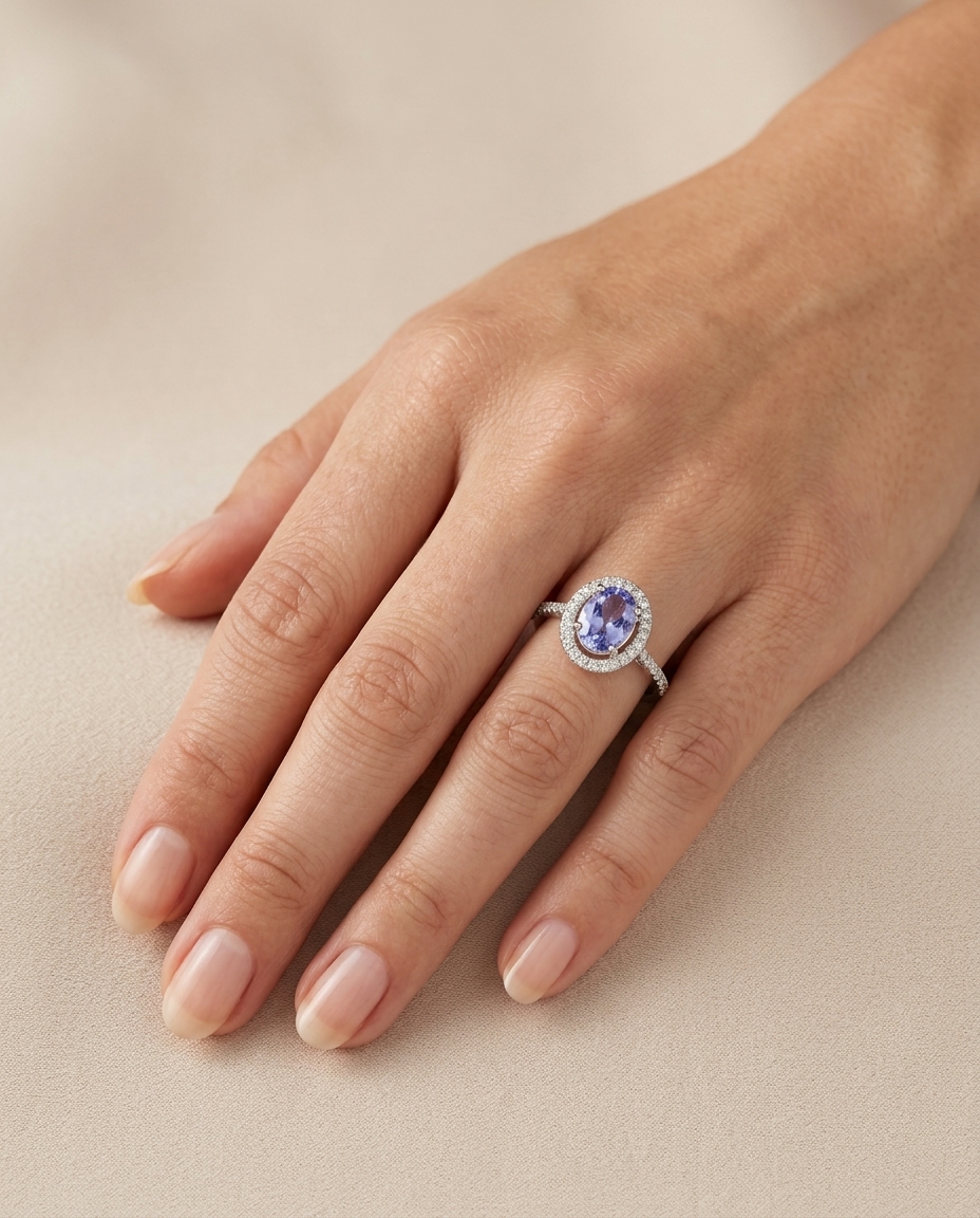 14KT White Gold Tanzanite and Diamonds Ring on model