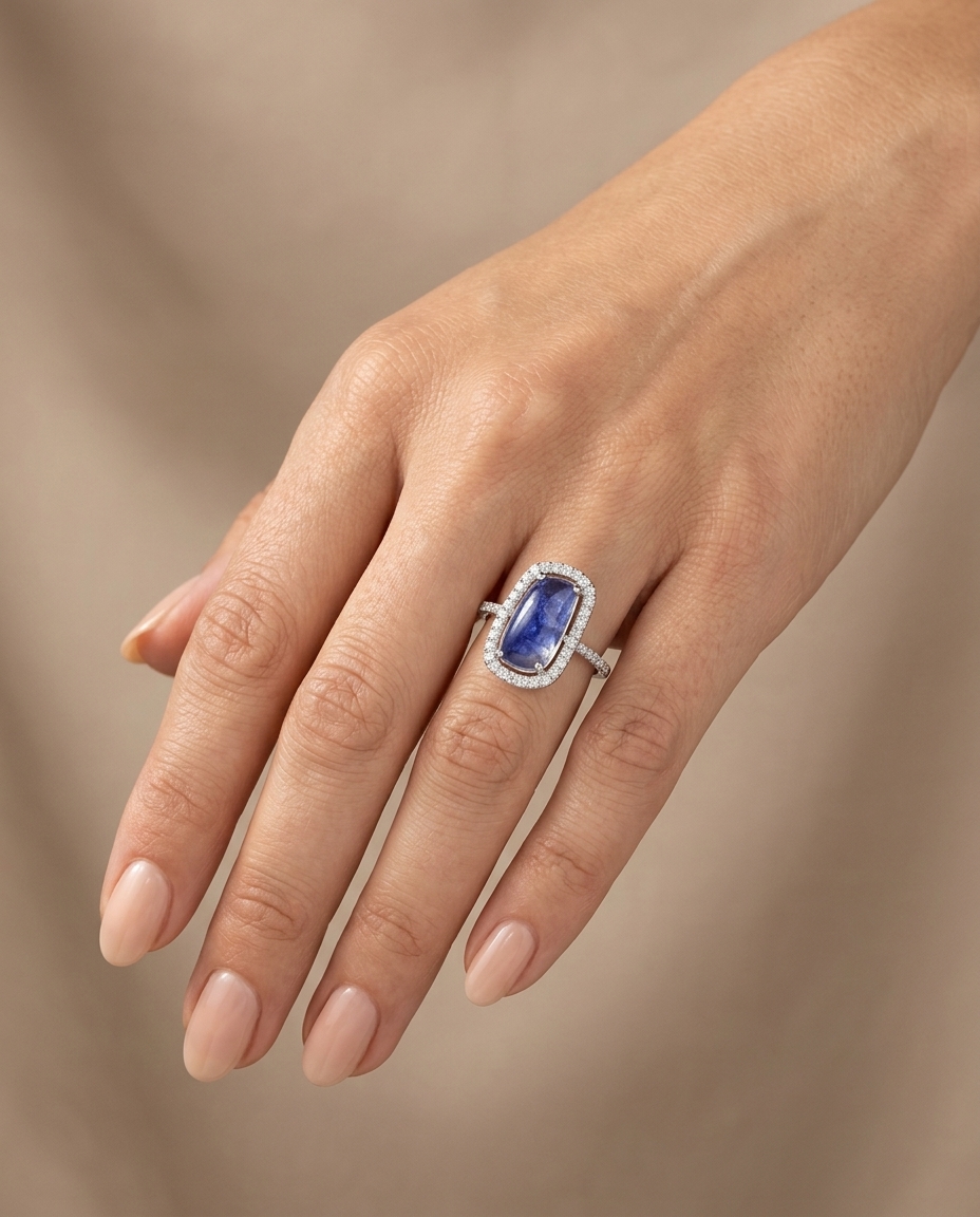 14KT White Gold Tanzanite and Diamonds Ring on model