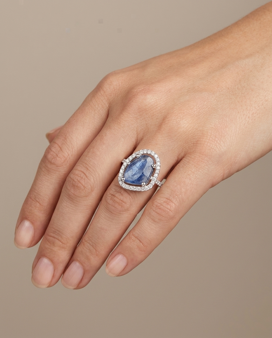 14KT White Gold Tanzanite and Diamonds Ring on model