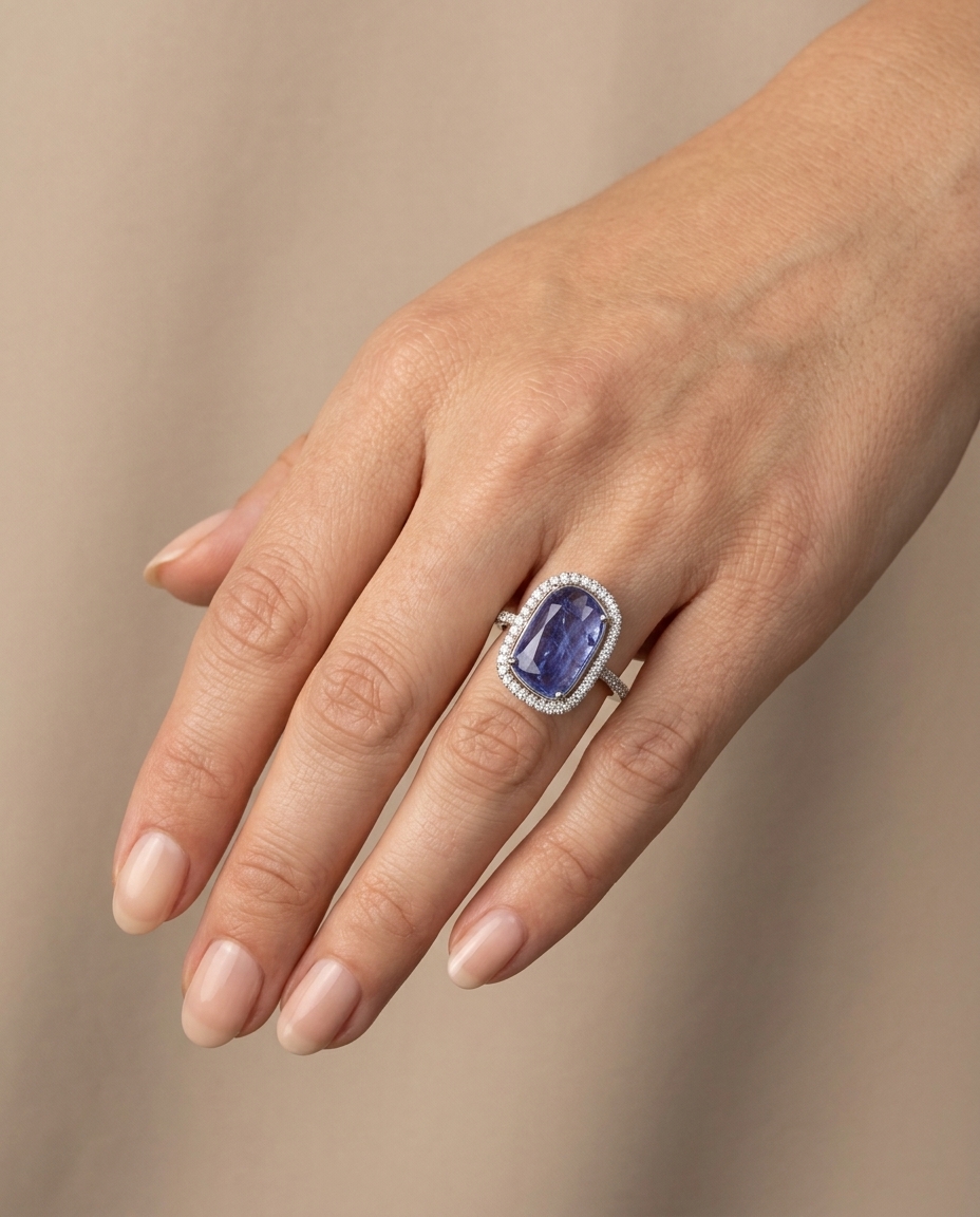 14KT White Gold Tanzanite and Diamonds Ring on model