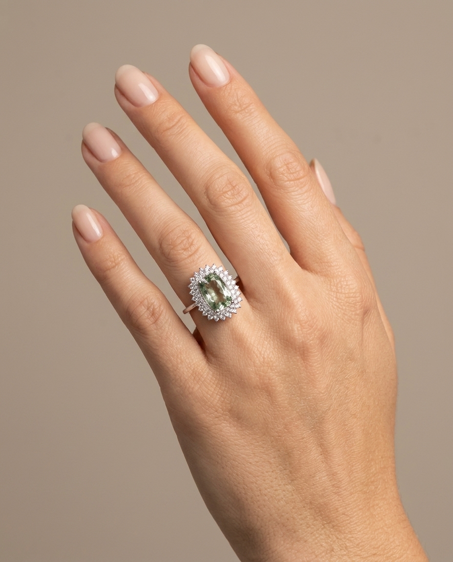 14KT White Gold Green Tourmaline and Diamonds Ring on model