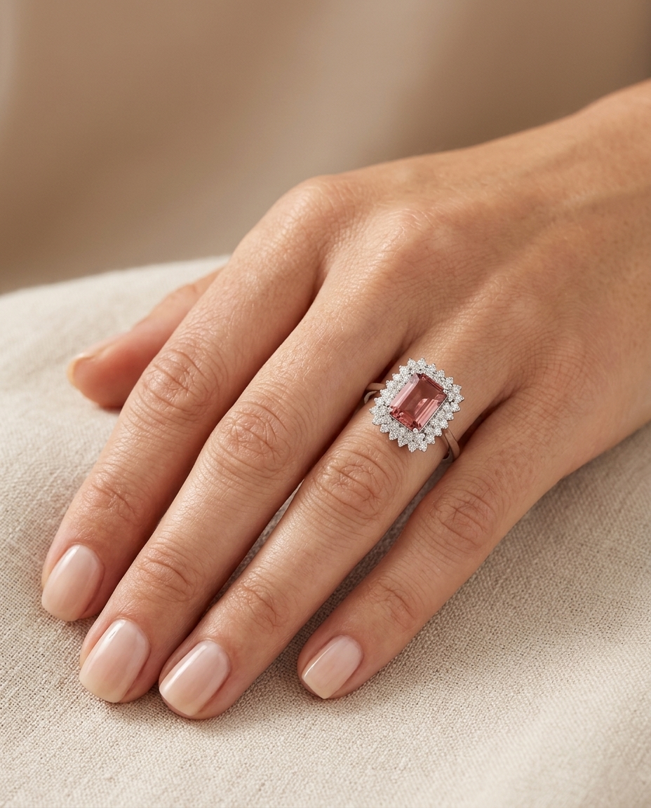 14KT White Gold Pink Tourmaline and Diamonds Ring on model