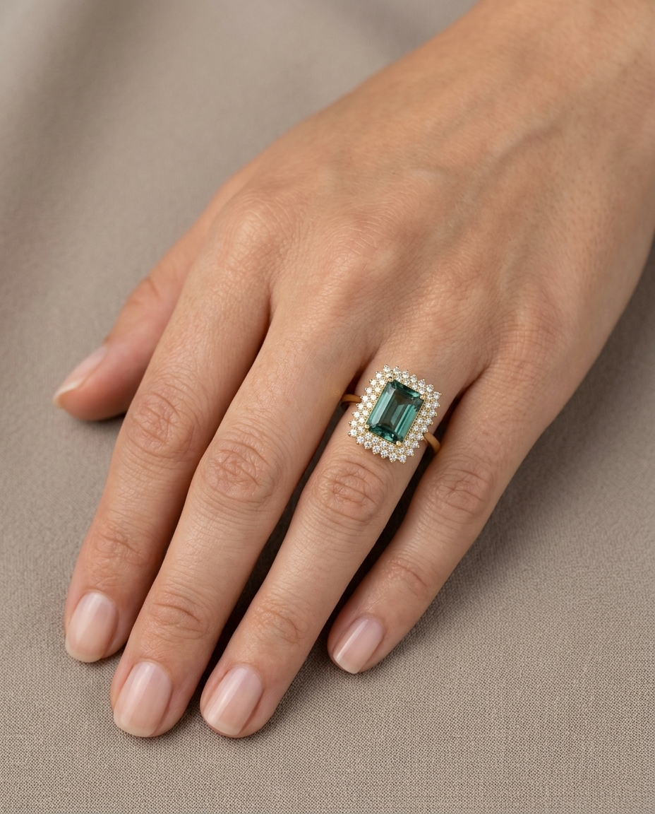 14KT Yellow Gold Green Tourmaline and Diamonds Ring on model