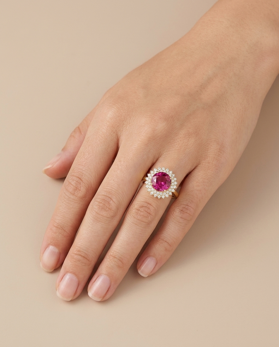 14KT Yellow Gold Pink Tourmaline and Diamonds Ring on model